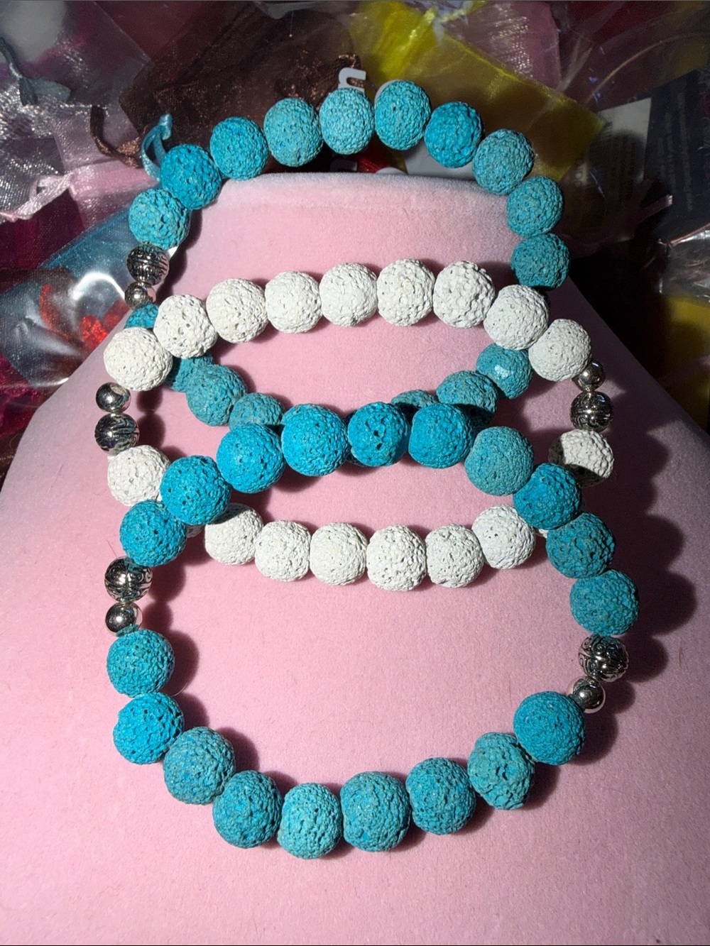 Lava Rock Turquoise & White Beaded Bracelet Set of 3, Stretch. (J0280)